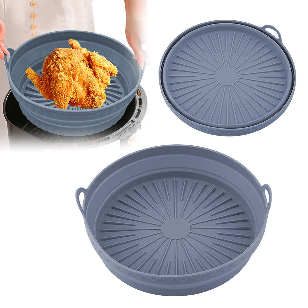 20.5cm Round Foldable Air Fryer Silicone Pot Baking Tray Oven Basket Mat Grey