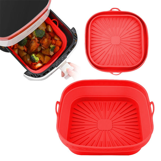 21cm Square Foldable Air Fryer Silicone Pot Baking Tray Oven Basket Mat Red