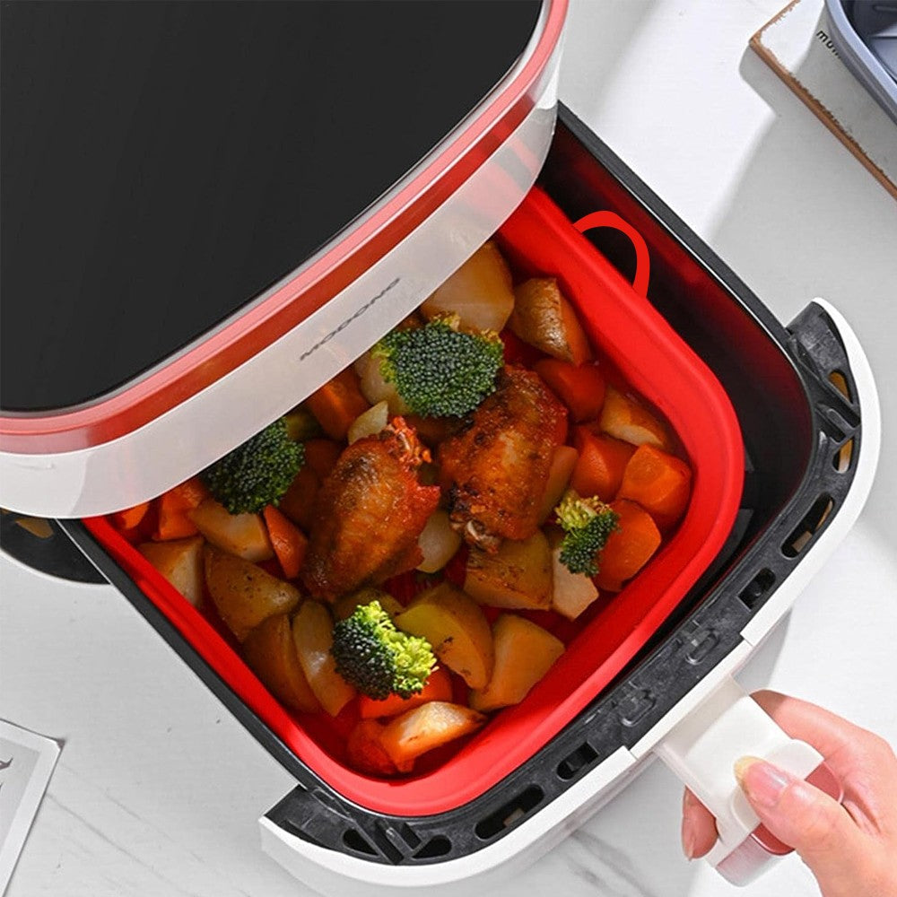 21cm Square Foldable Air Fryer Silicone Pot Baking Tray Oven Basket Mat Red