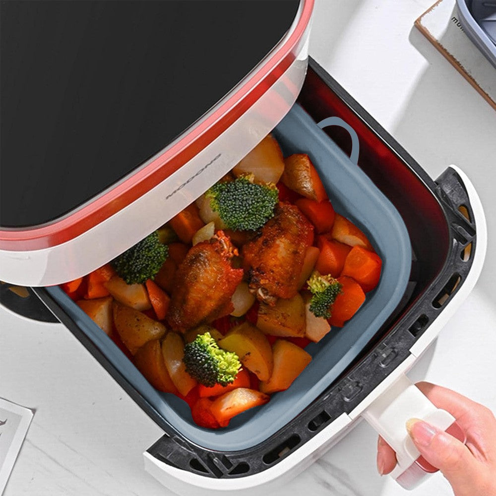 21cm Square Foldable Air Fryer Silicone Pot Baking Tray Oven Basket Mat Grey