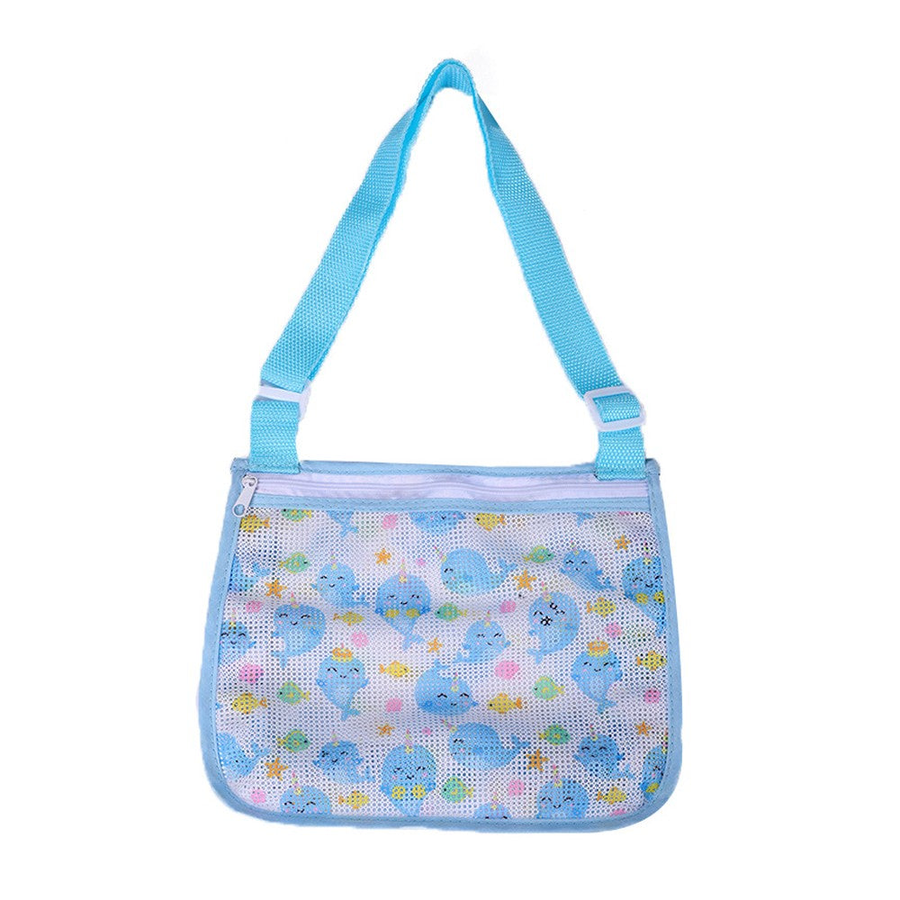 Beach Toy Storage Mesh Bag Kids Shell Collecting Bag with Adjustable Strap Light Blue