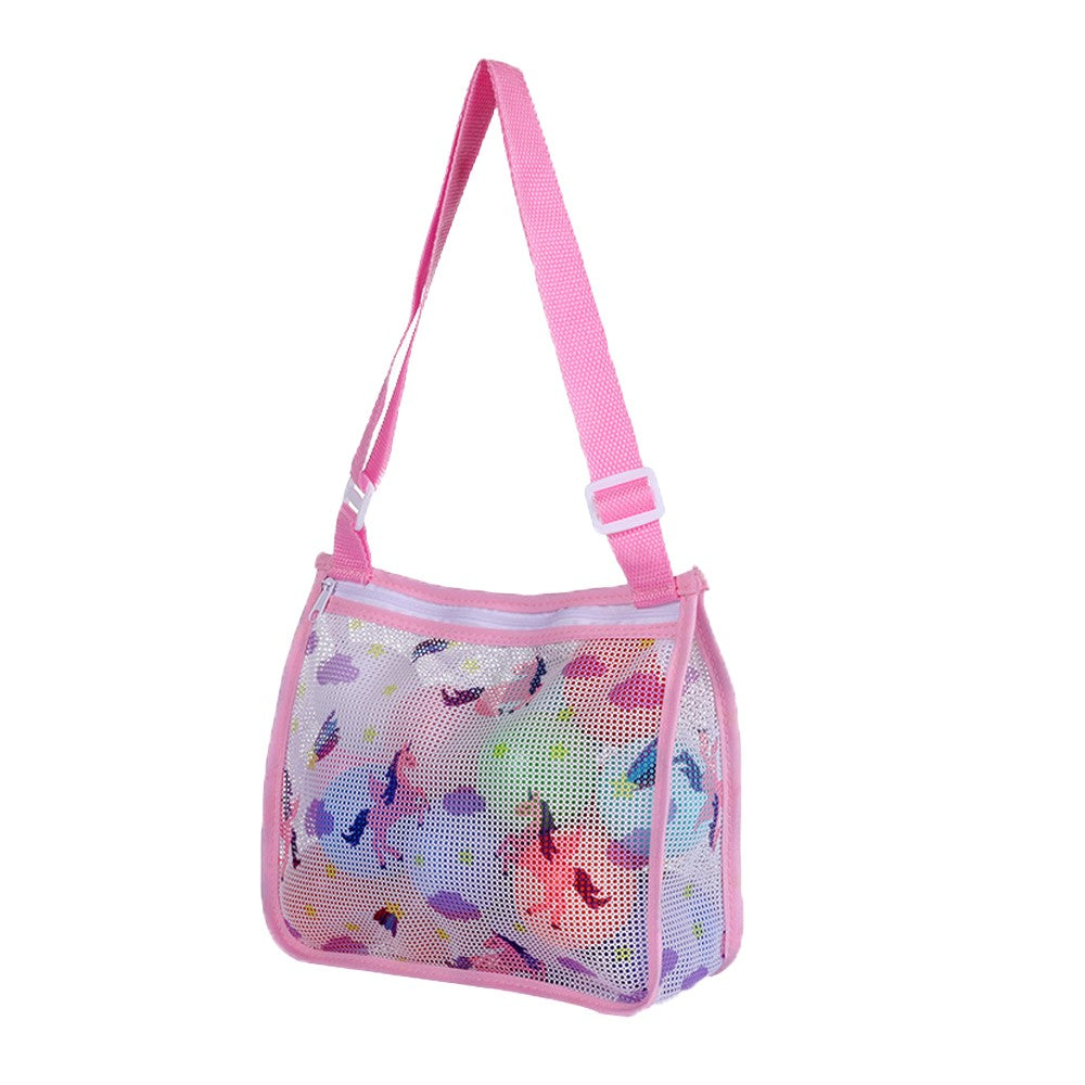 Beach Toy Storage Mesh Bag Kids Shell Collecting Bag with Adjustable Strap Pink