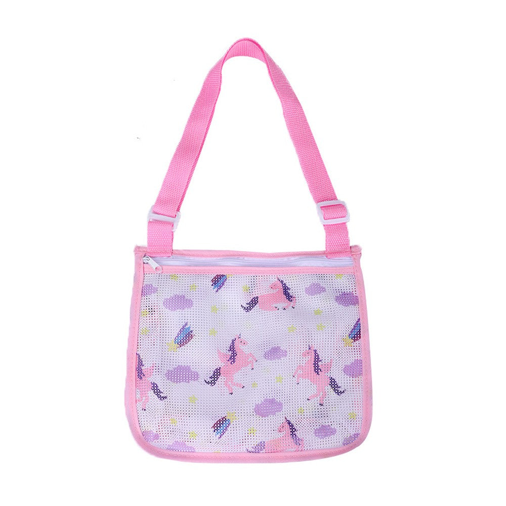 Beach Toy Storage Mesh Bag Kids Shell Collecting Bag with Adjustable Strap Pink