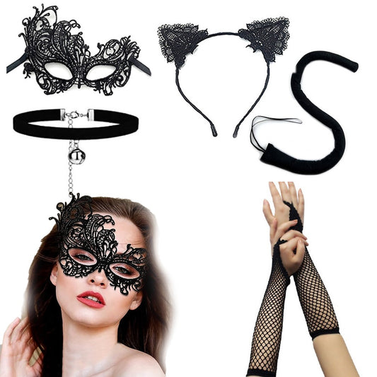 5-Piece Women Black Cat Costume Set Halloween Cosplay Accessory Kit Style 1