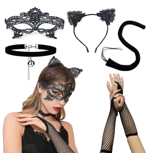 5-Piece Women Black Cat Costume Set Halloween Cosplay Accessory Kit Style 2
