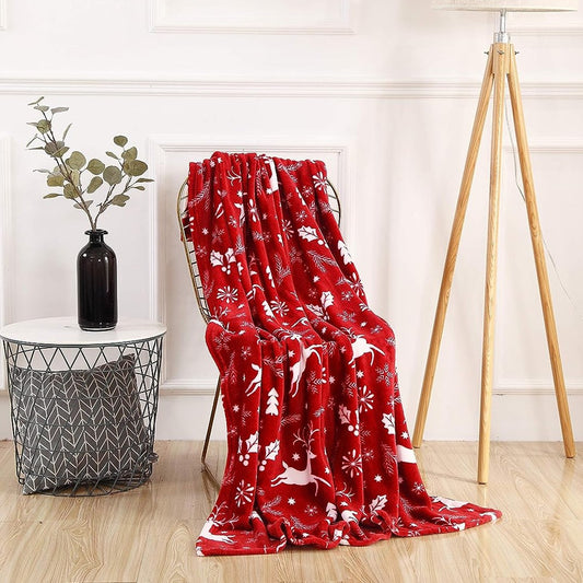 150x130cm Christmas Printed Blanket Soft Throw Blanket Flannel Sofa Blanket - Red Reindeer