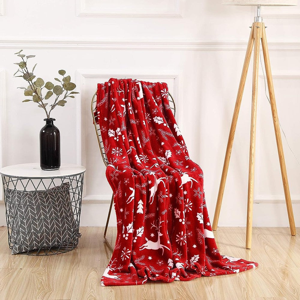 130x100cm Christmas Printed Blanket Soft Throw Blanket Flannel Sofa Blanket - Red Reindeer