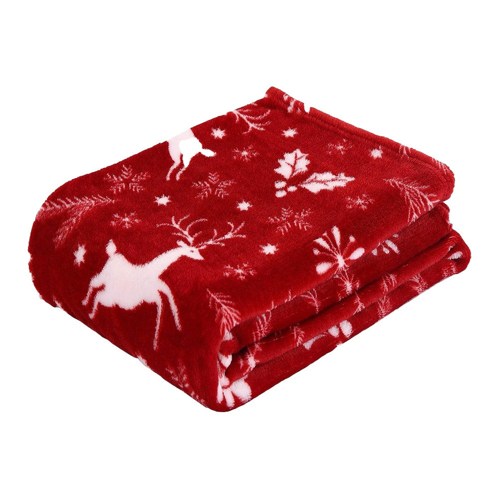 130x100cm Christmas Printed Blanket Soft Throw Blanket Flannel Sofa Blanket - Red Reindeer