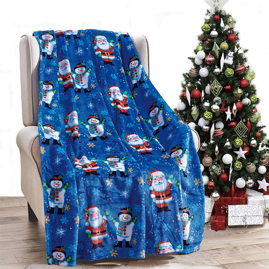 130x100cm Christmas Printed Blanket Soft Throw Blanket Flannel Sofa Blanket - Blue Santa