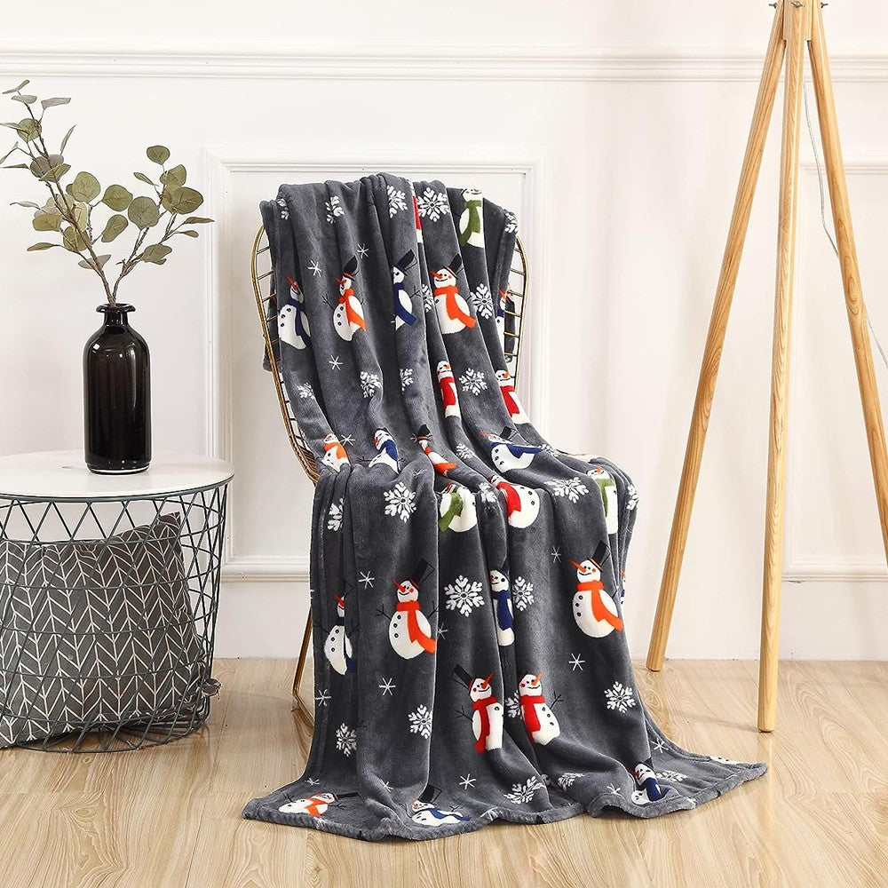 150x130cm Christmas Printed Blanket Soft Throw Blanket Flannel Sofa Blanket - Grey Snowman