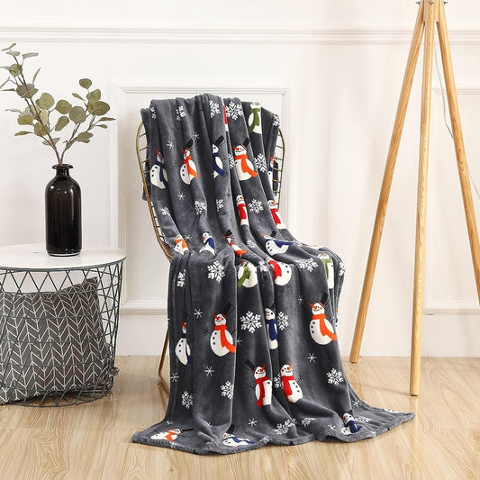 150x130cm Christmas Printed Blanket Soft Throw Blanket Flannel Sofa Blanket - Grey Snowman