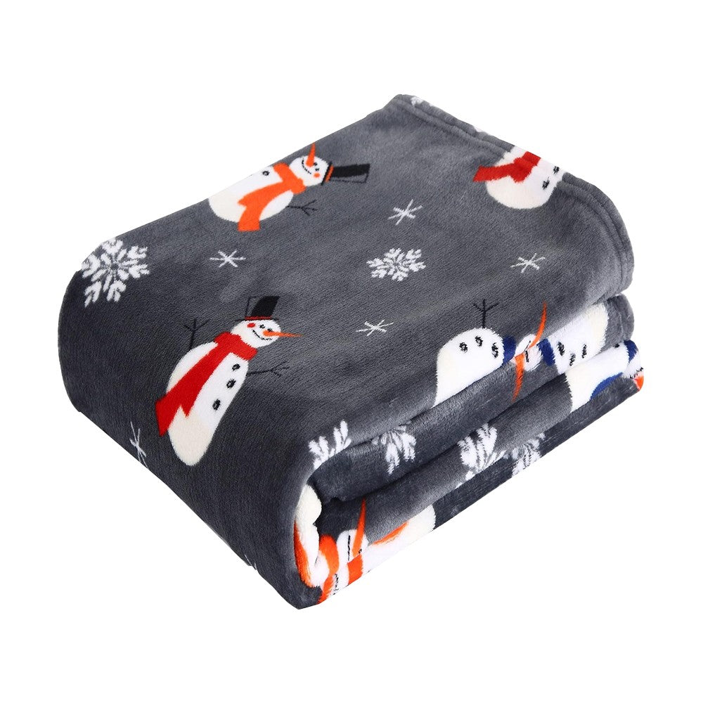 130x100cm Christmas Printed Blanket Soft Throw Blanket Flannel Sofa Blanket - Grey Snowman