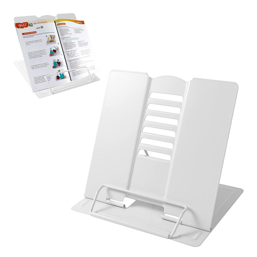 Foldable Metal Book Stand Adjustable Hands Free Book Holder for Reading - White