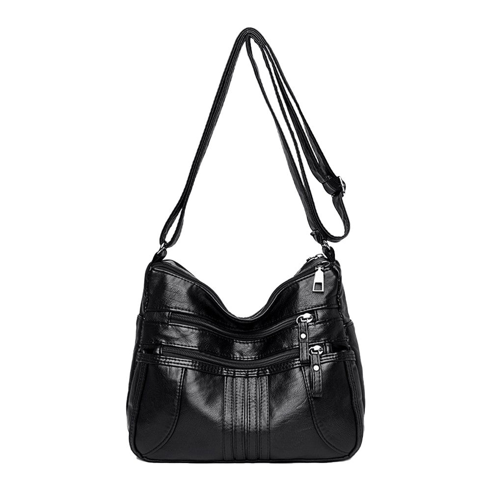 Womens Crossbody Bag Soft PU Leather Shoulder Bag Multi Pocket Handbag Satchel - Black