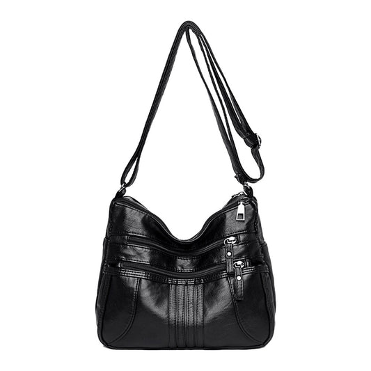 Womens Crossbody Bag Soft PU Leather Shoulder Bag Multi Pocket Handbag Satchel - Black