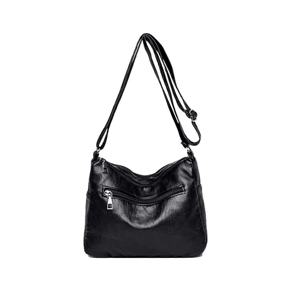 Womens Crossbody Bag Soft PU Leather Shoulder Bag Multi Pocket Handbag Satchel - Black