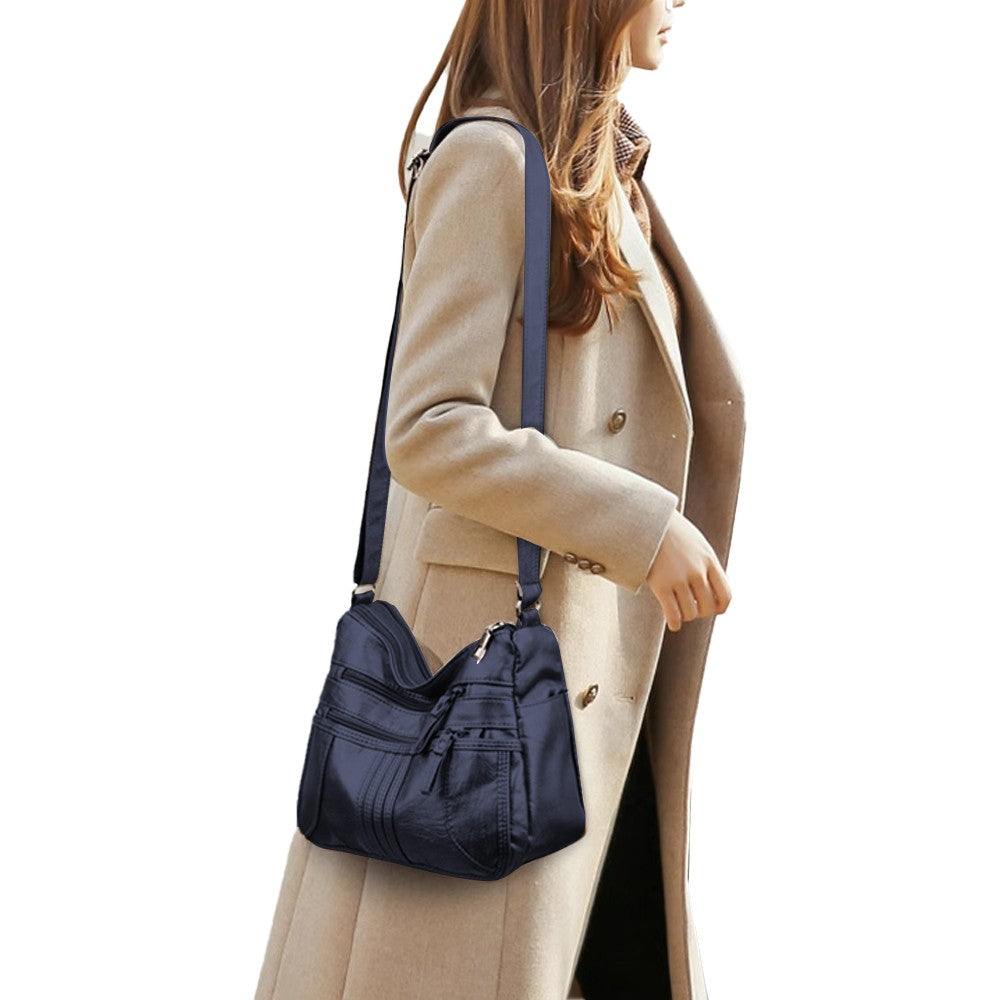 Womens Crossbody Bag Soft PU Leather Shoulder Bag Multi Pocket Handbag Satchel - Dark Blue