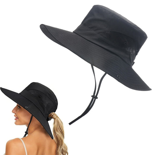 Wide Brim Bucket Hat Sun Hat Breathable Hiking Hat Fisherman Hat - Black