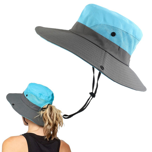 Wide Brim Bucket Hat Sun Hat Breathable Hiking Hat Fisherman Hat - Blue