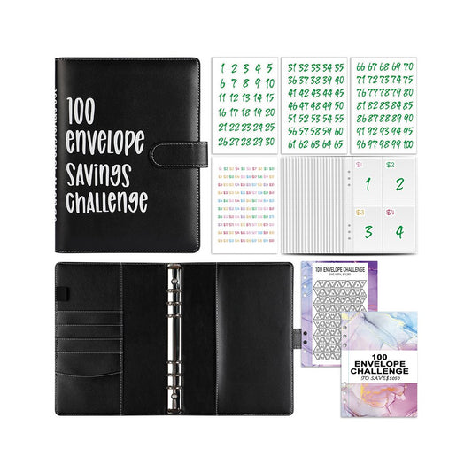 100 Envelope Challenge Binder Budget Planner Savings Book with 200 Slot - Black