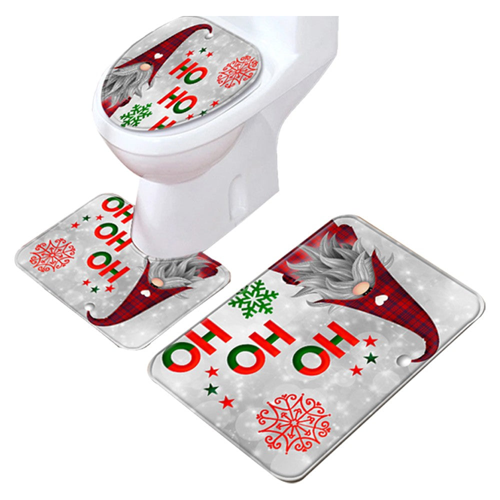 3-Piece Christmas Bath Mat Set Non-Slip Toilet Lid Cover Toilet Mat - Style 1