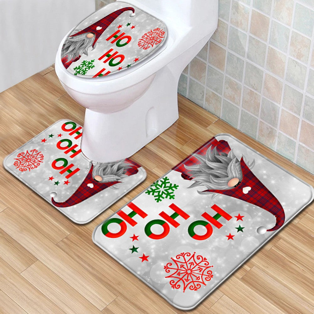 3-Piece Christmas Bath Mat Set Non-Slip Toilet Lid Cover Toilet Mat - Style 1