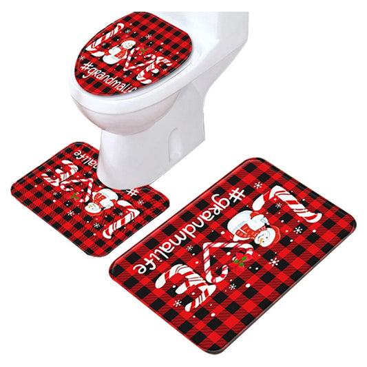 3-Piece Christmas Bath Mat Set Non-Slip Toilet Lid Cover Toilet Mat - Style 2