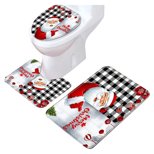 3-Piece Christmas Bath Mat Set Non-Slip Toilet Lid Cover Toilet Mat - Style 3
