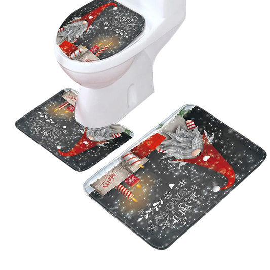 3-Piece Christmas Bath Mat Set Non-Slip Toilet Lid Cover Toilet Mat - Style 4
