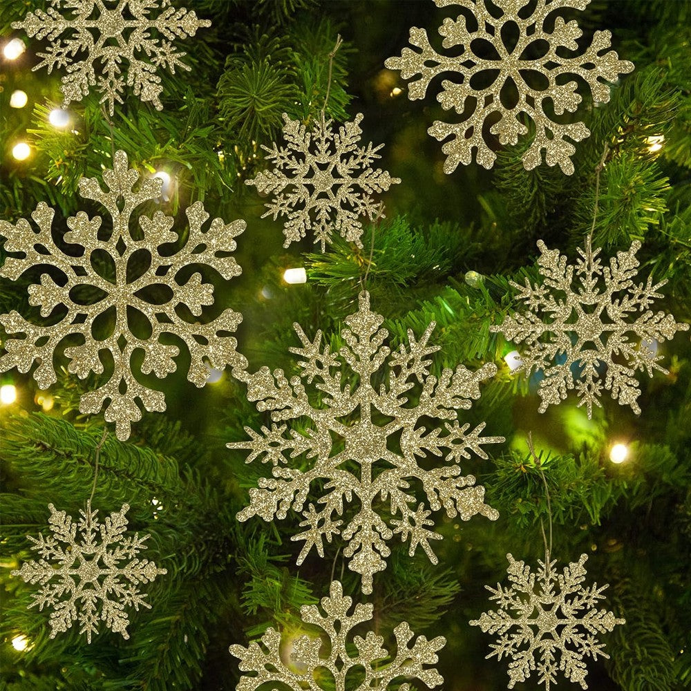 36Pcs Christmas Snowflakes Decorations Set Xmas Tree Hanging Ornaments - Gold