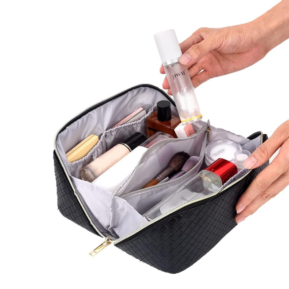 Makeup Bag PU Leather Travel Cosmetic Bag - Black