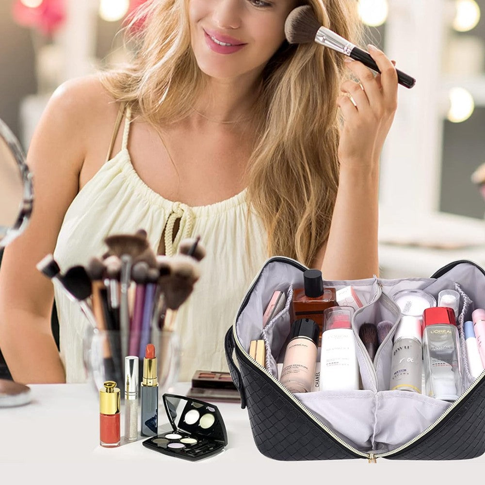 Makeup Bag PU Leather Travel Cosmetic Bag - Black