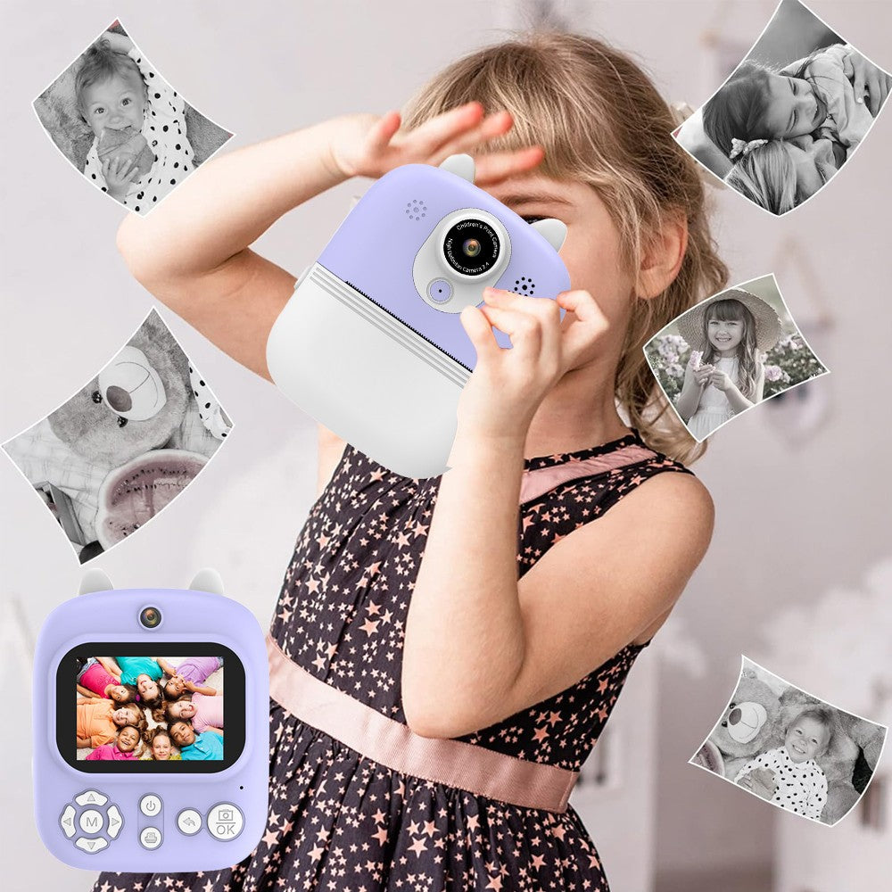 Kids Camera Instant Print 2000W Pixel Selfie Digital Camera with Print Papers and 32G TF Card Purple