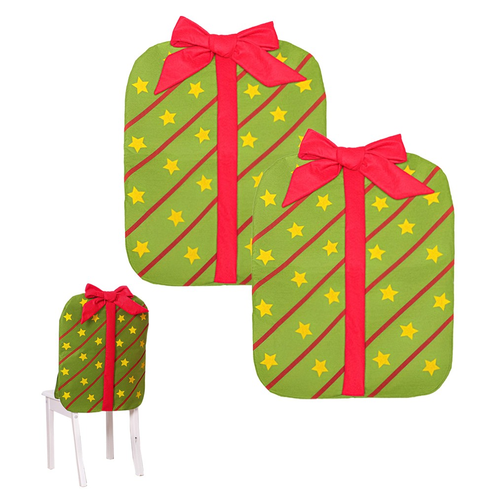2Pcs Christmas Bowknot Chair Back Cover Xmas Dining Chair Slipcovers - Green