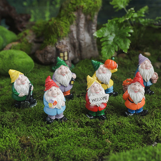 7Pcs Miniature Garden Gnome Statues Mini Resin Dwarf Ornaments Sculpture