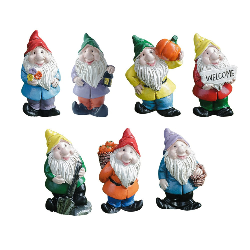 7Pcs Miniature Garden Gnome Statues Mini Resin Dwarf Ornaments Sculpture