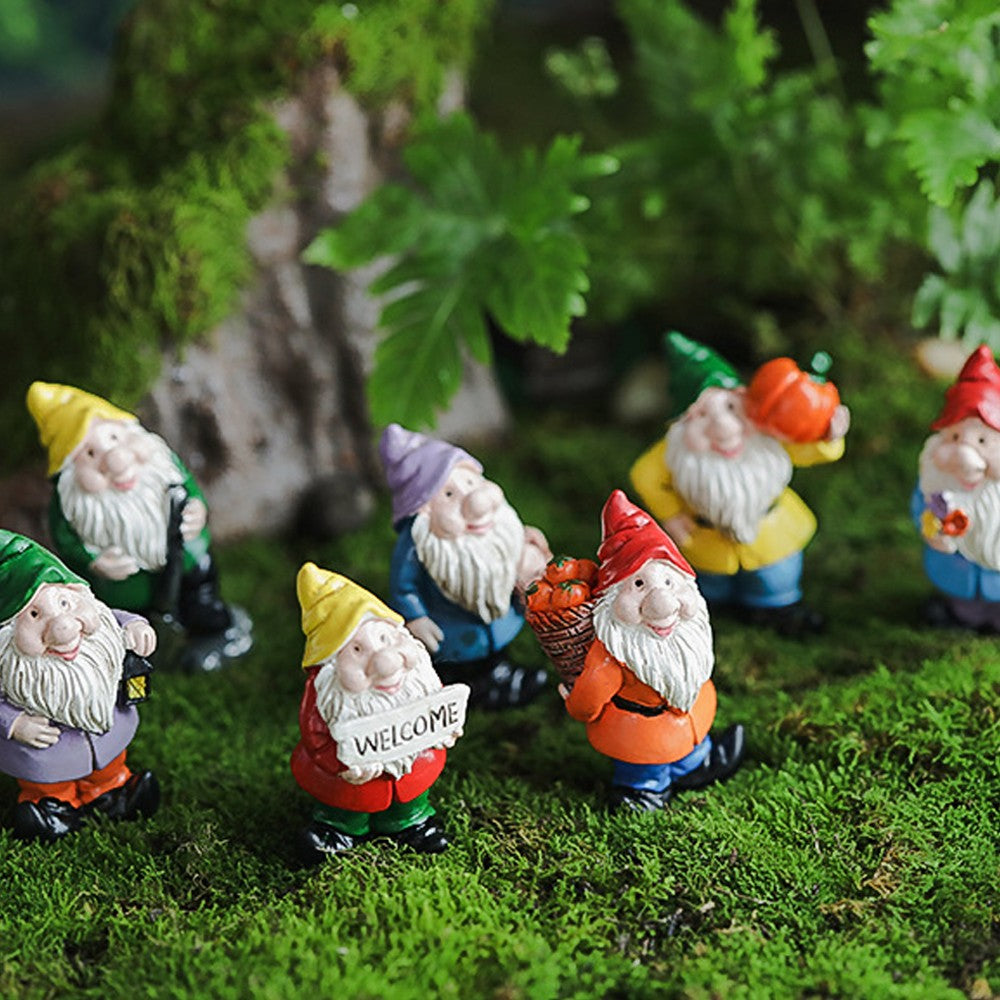 7Pcs Miniature Garden Gnome Statues Mini Resin Dwarf Ornaments Sculpture