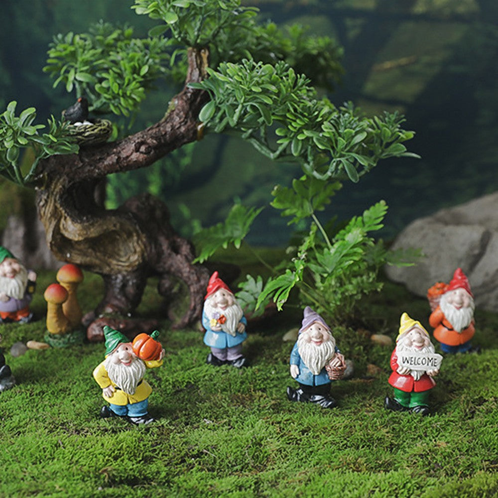 7Pcs Miniature Garden Gnome Statues Mini Resin Dwarf Ornaments Sculpture