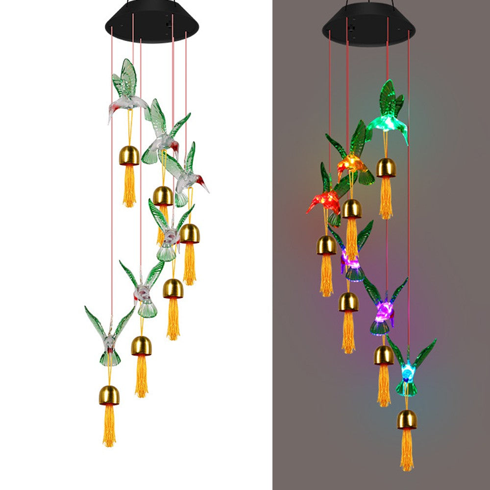 2Pcs Solar Wind Chime Light Color Changing Garden Light - Green Hummingbird