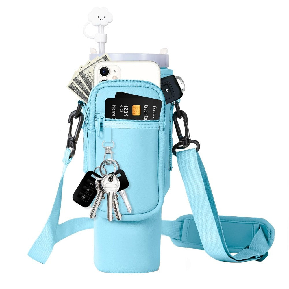 Water Bottle Carrier Bag for 40oz Stanley Tumbler with Adjustable Strap - Blue