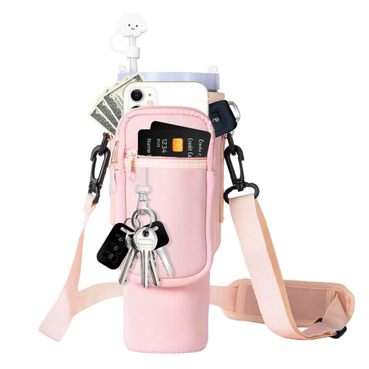 Water Bottle Carrier Bag for 40oz Stanley Tumbler with Adjustable Strap - Pink