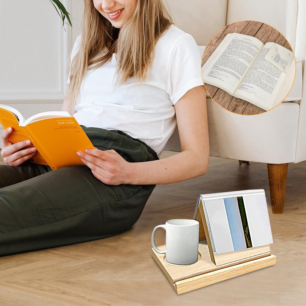 Wooden Triangle Book Stand Bookshelf Display Holder with Cup Holder