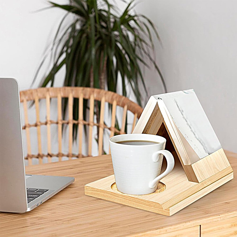 Wooden Triangle Book Stand Bookshelf Display Holder with Cup Holder