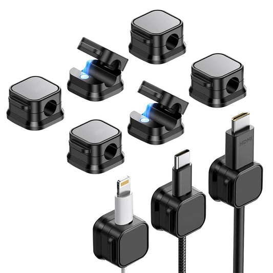 6Pcs Self-Adhesive Magnetic Cable Clip Under Desk Cord Management Holder - Black