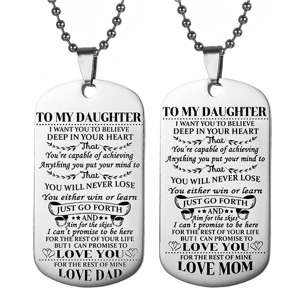2Pcs Dad Mom to Daughter Inspirational Message Pendant Necklace Dog Tag Necklace