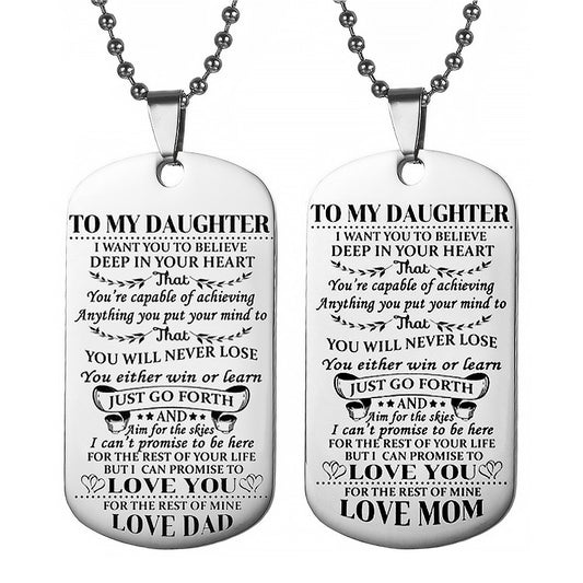 2Pcs Dad Mom to Daughter Inspirational Message Pendant Necklace Dog Tag Necklace