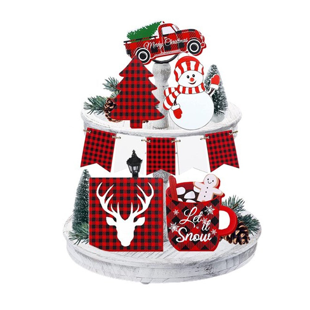 1 Set of 6-Piece Christmas Tiered Tray Decorations Xmas Wooden Signs Tabletop Decor