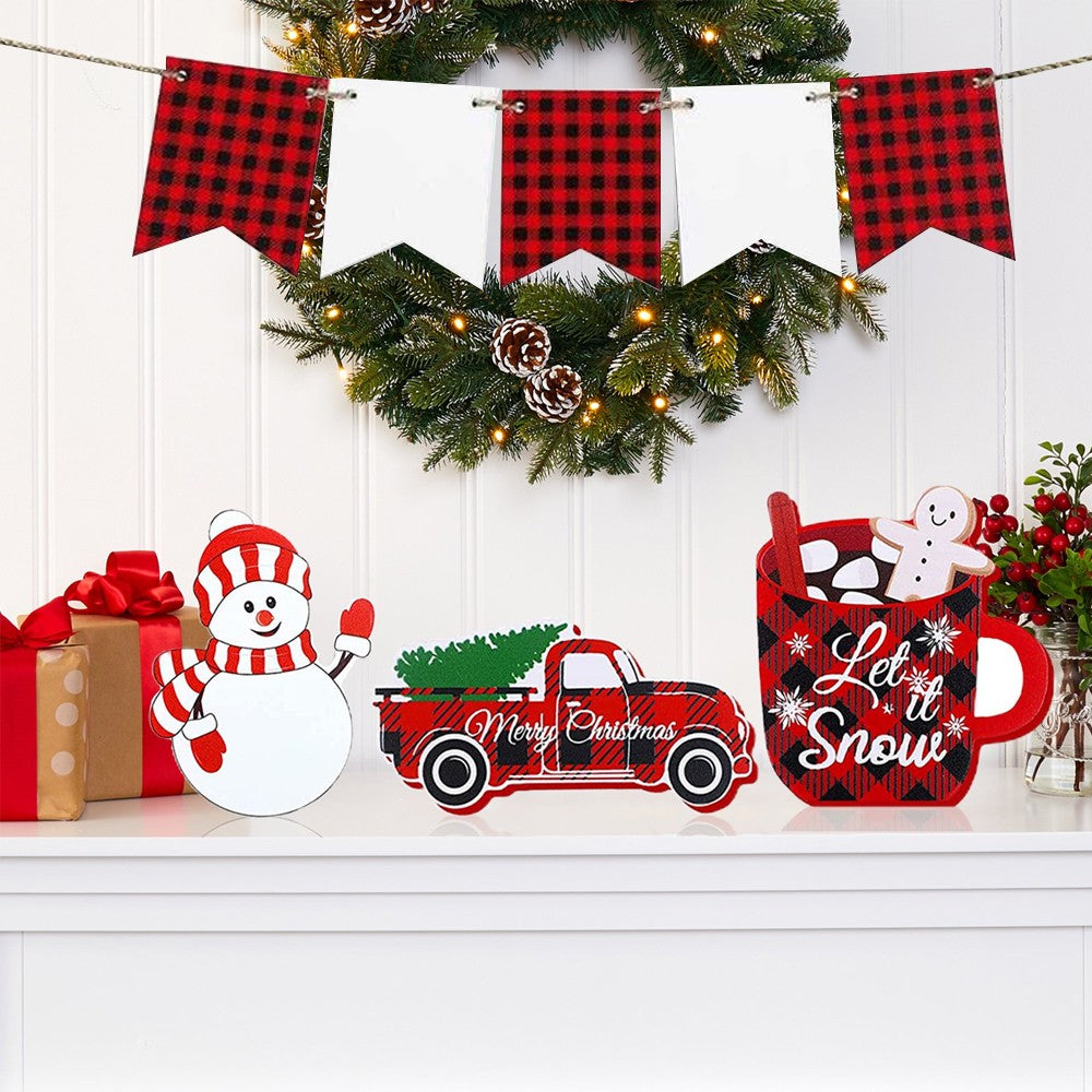 2 Sets of 6-Piece Christmas Tiered Tray Decorations Xmas Wooden Signs Tabletop Decor