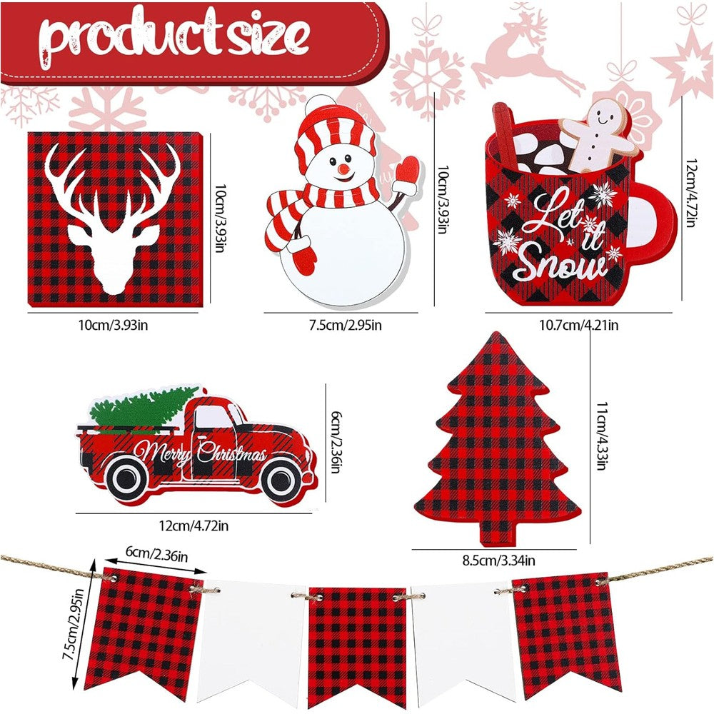 2 Sets of 6-Piece Christmas Tiered Tray Decorations Xmas Wooden Signs Tabletop Decor