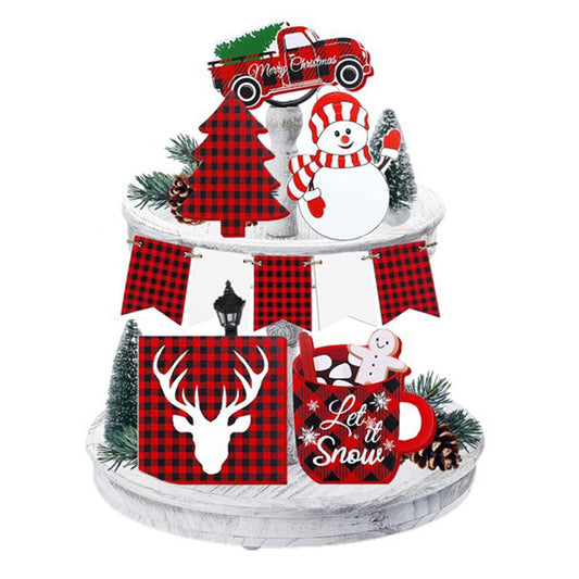 2 Sets of 6-Piece Christmas Tiered Tray Decorations Xmas Wooden Signs Tabletop Decor